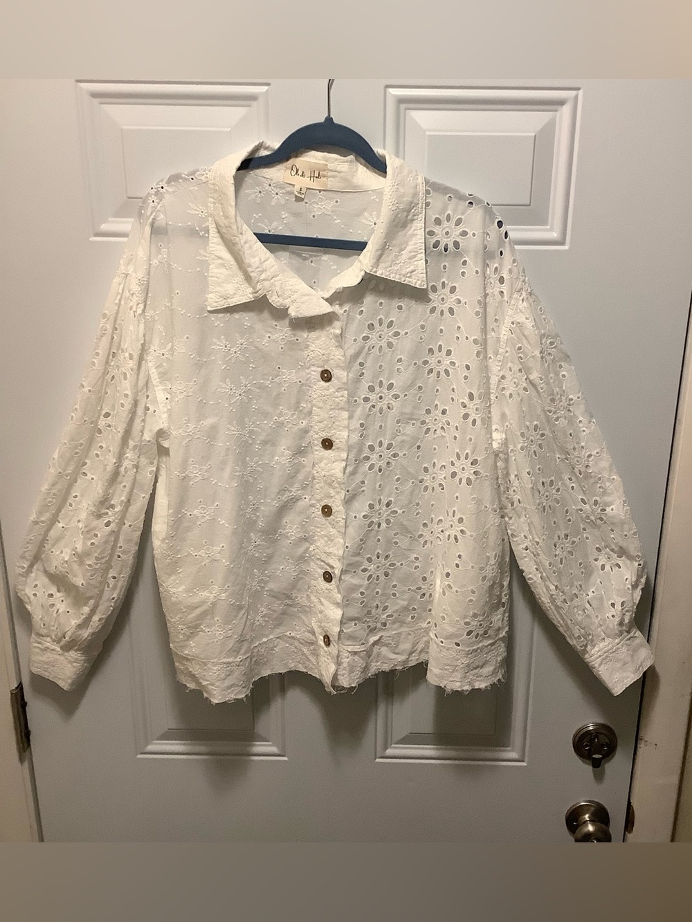 Oli & Hali BT1201 Eyelet Embroidered Collared Oversize Shirt Sz S Side Pockets